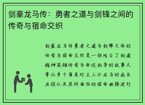 剑豪龙马传：勇者之道与剑锋之间的传奇与宿命交织