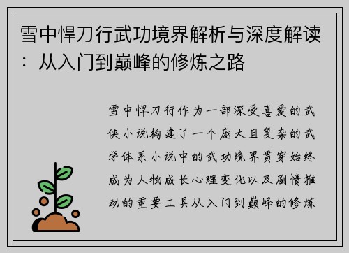 雪中悍刀行武功境界解析与深度解读：从入门到巅峰的修炼之路